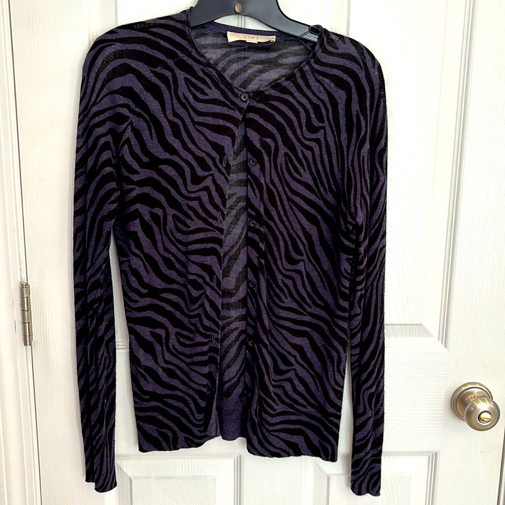 Loft very lightweight purple and black Cardigan, size Medium